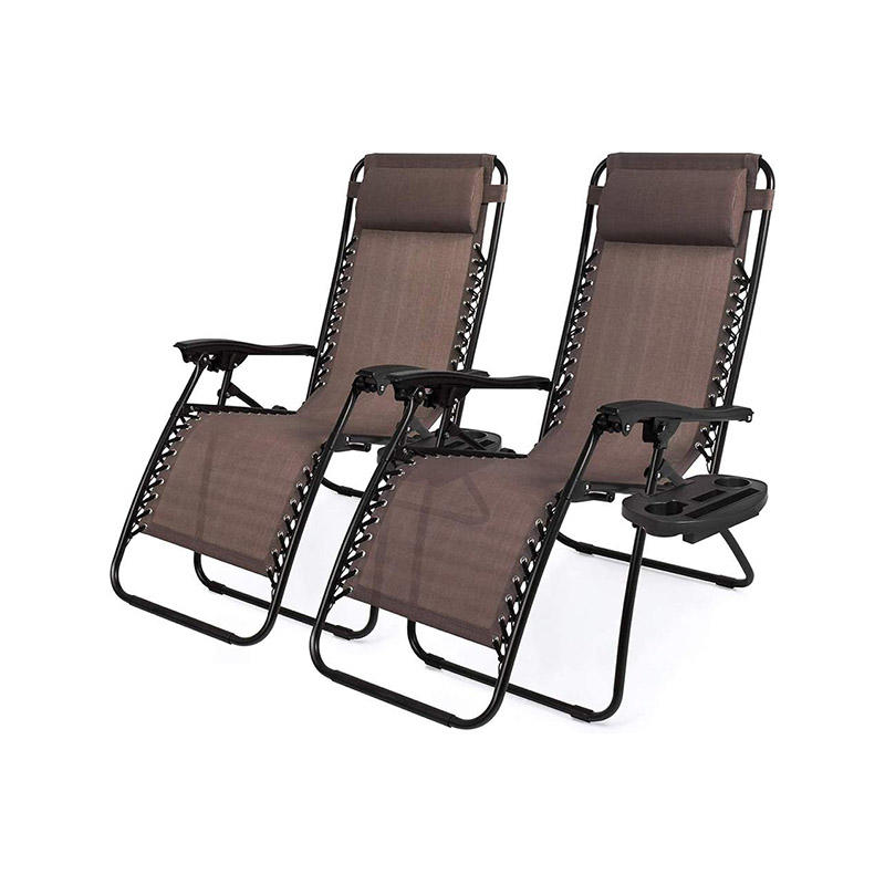 Brown Mesh Backrest Folding Recliner Chair With Adjustable Pillows and Cup Holder Trays