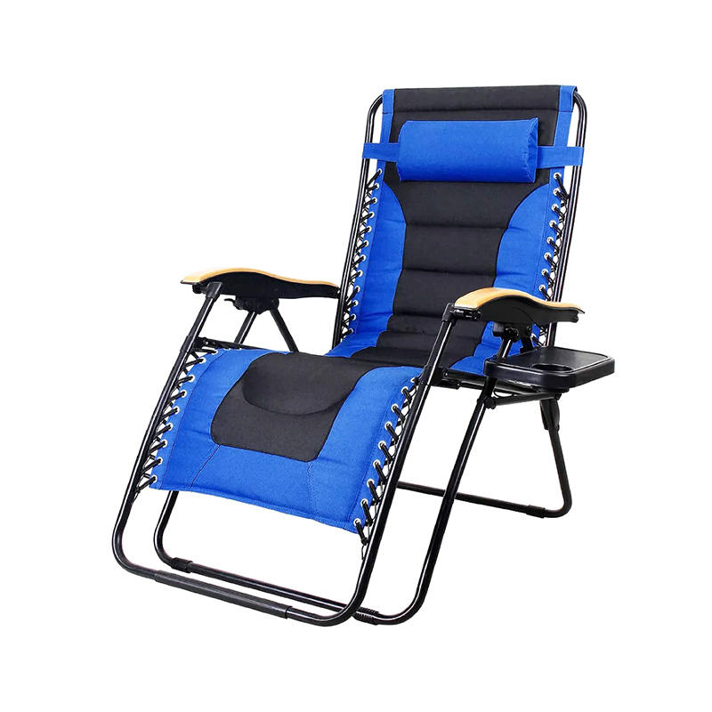 Blue Padded Folding Recliner Chair with Cup Holder for Outdoor Beach Pool