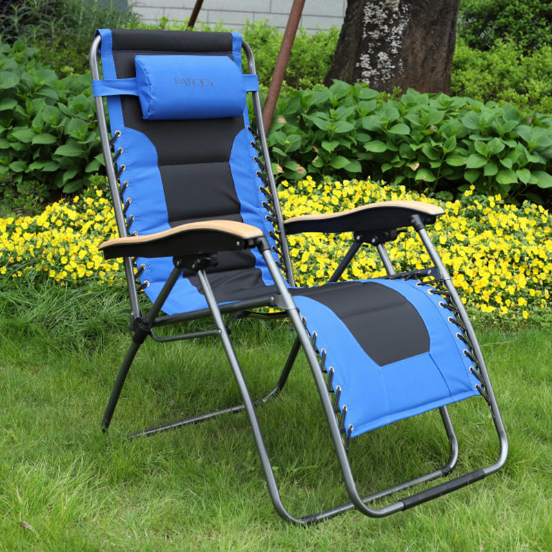 Blue Padded Folding Recliner Chair with Cup Holder for Outdoor Beach Pool